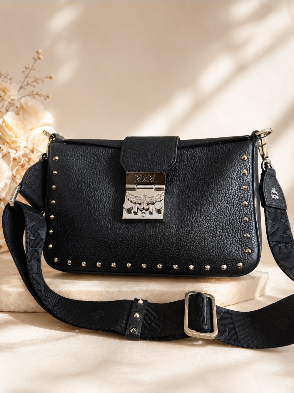 MCM Black Leather Stud-Trim Crossbody with Logo Strap